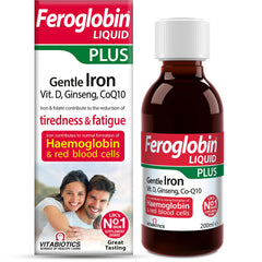 Feroglobin Plus Liquid bottle close-up; daily energy support with a rich iron formula