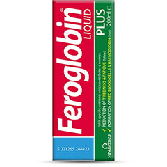 Feroglobin Plus Liquid bottle label; vitamin D, ginseng, and Co-Q10 inside
