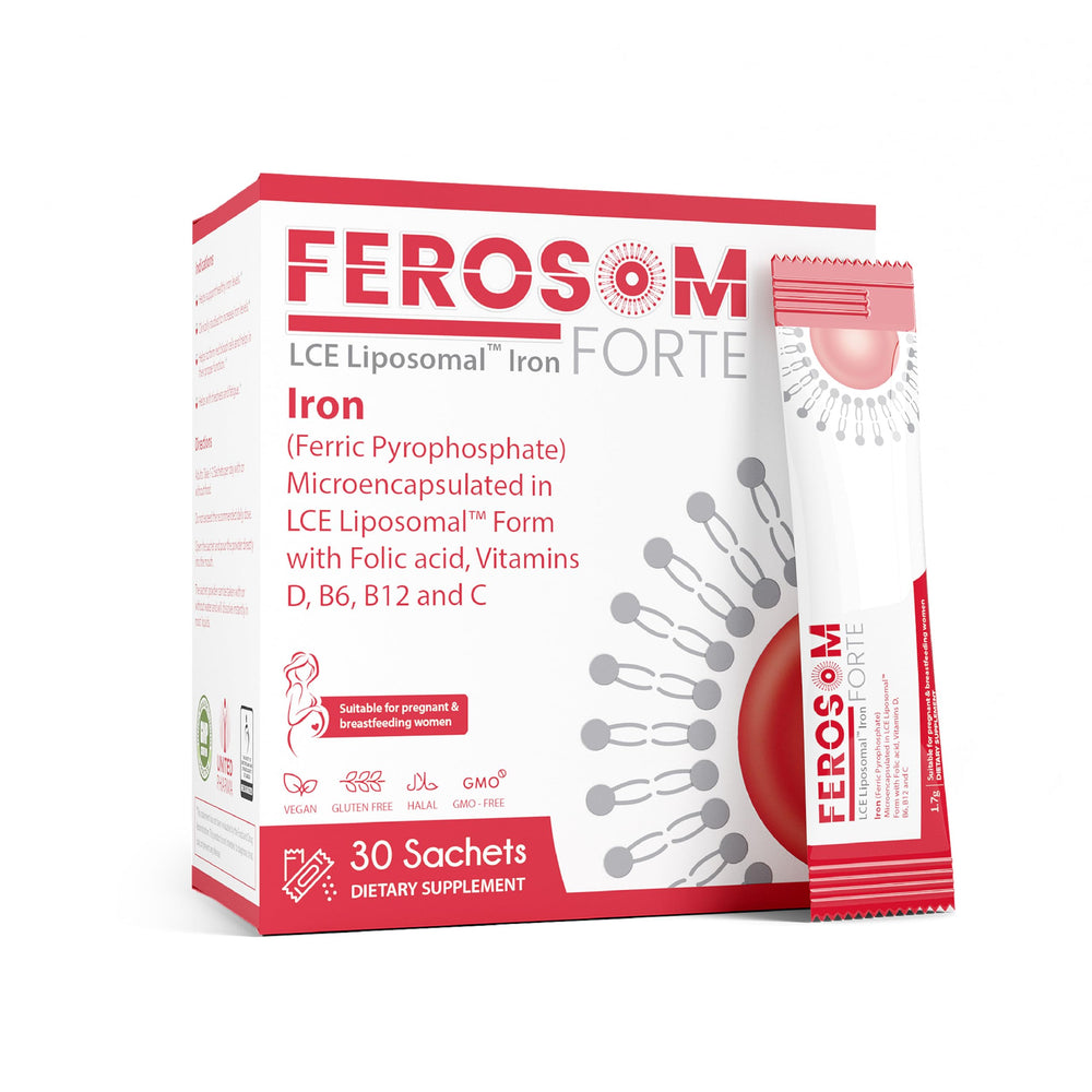 Ferosom Forte LCE berry powder in a scoop for easy daily iron support