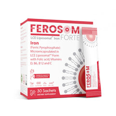 Ferosom Forte LCE berry powder in a scoop for easy daily iron support