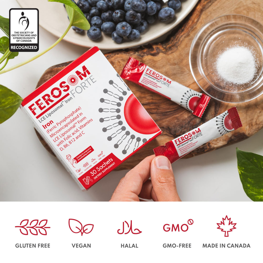 Berry flavored iron drink ready after mixing Ferosom Forte LCE powder in a glass