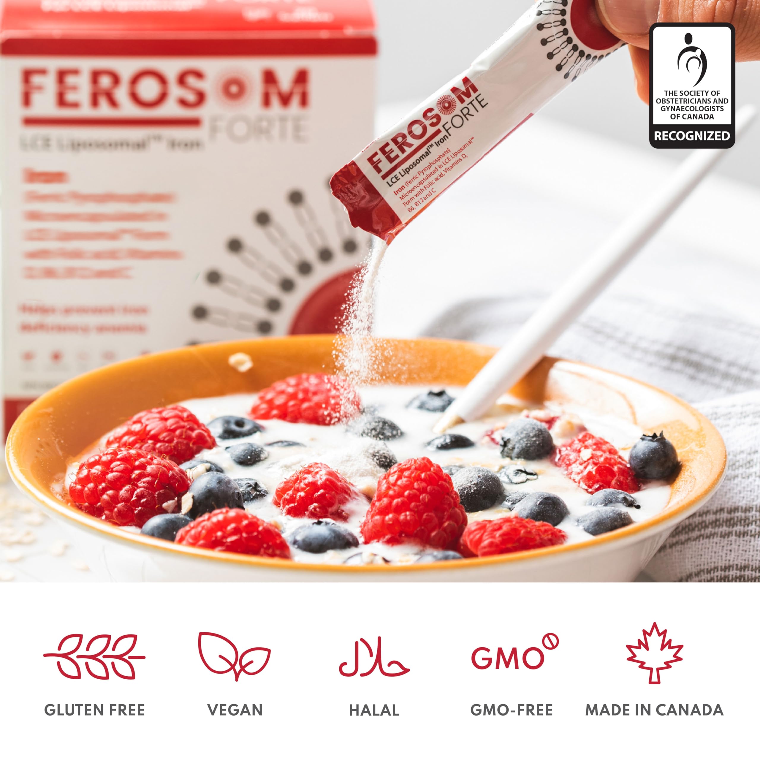 Packaging of Ferosom Forte LCE highlighting vegan and gluten free credentials