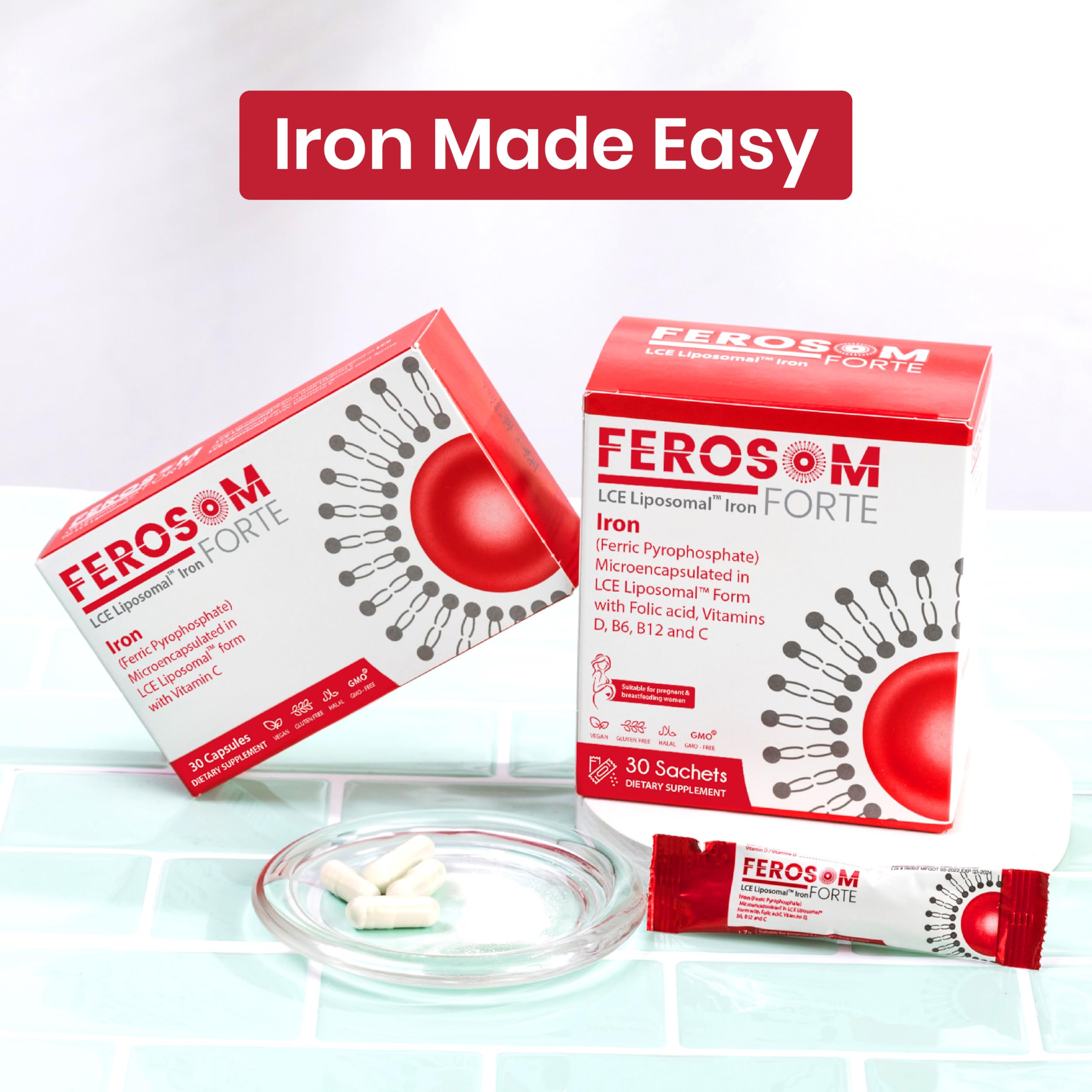 Vegan, halal, and non-GMO verified on FEROSOM FORTE LCE packaging