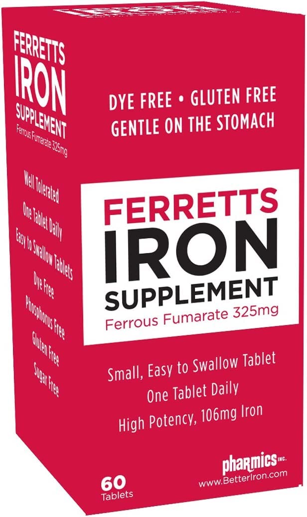 Ferretts iron tablets bottle front on the kitchen counter for daily use.