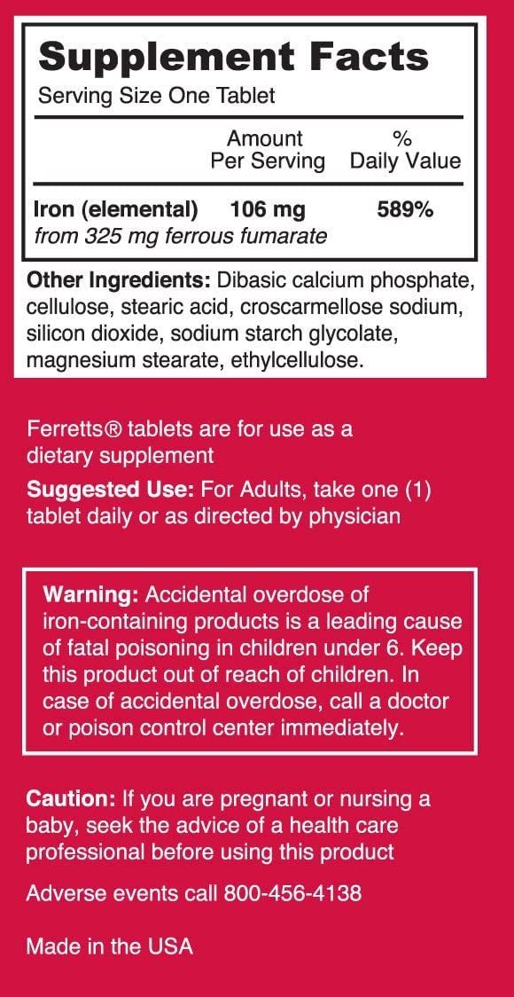 Ferretts iron tablets packaging box for easy stocking at home.