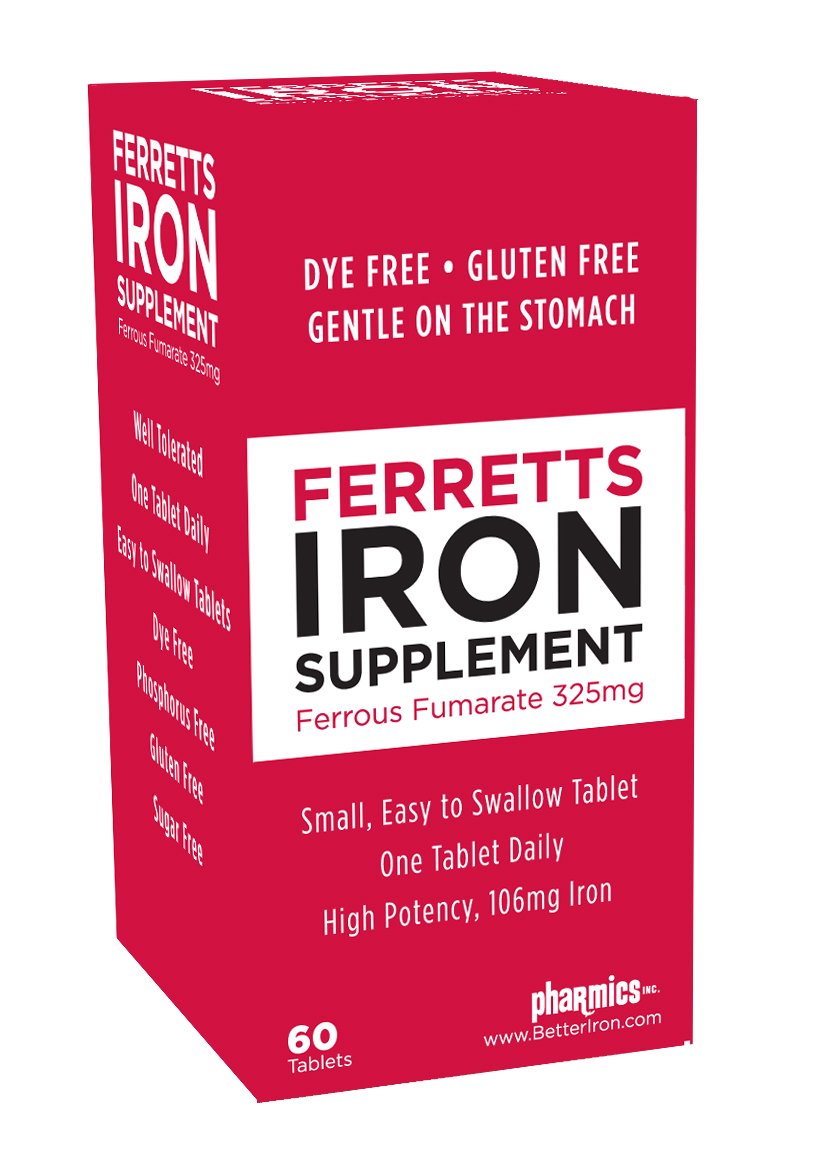 Ferretts Iron Tablets bottle on a kitchen counter for daily use.