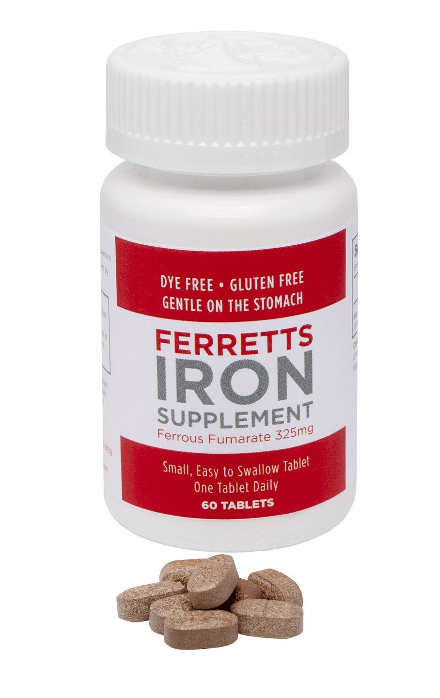 Ferretts Iron Tablets label closeup highlighting its high potency.