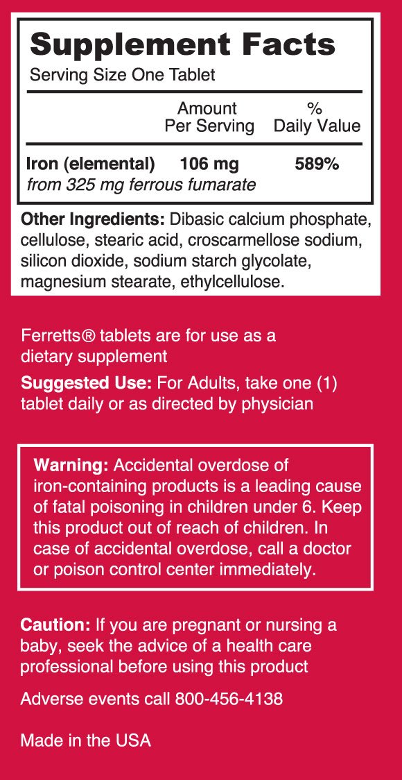 Ferretts Iron Tablets packaging on shelf highlighting allergen-friendly ingredients.