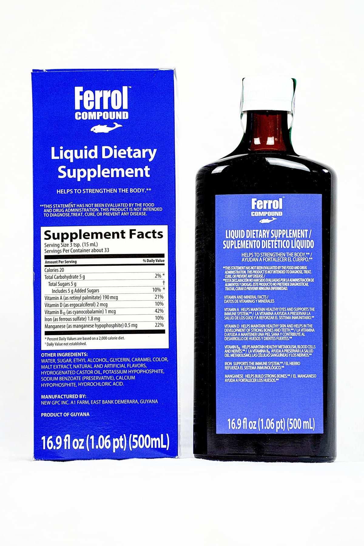 Ferrol Compound bottle front view, iron-rich liquid supplement for daily vitality