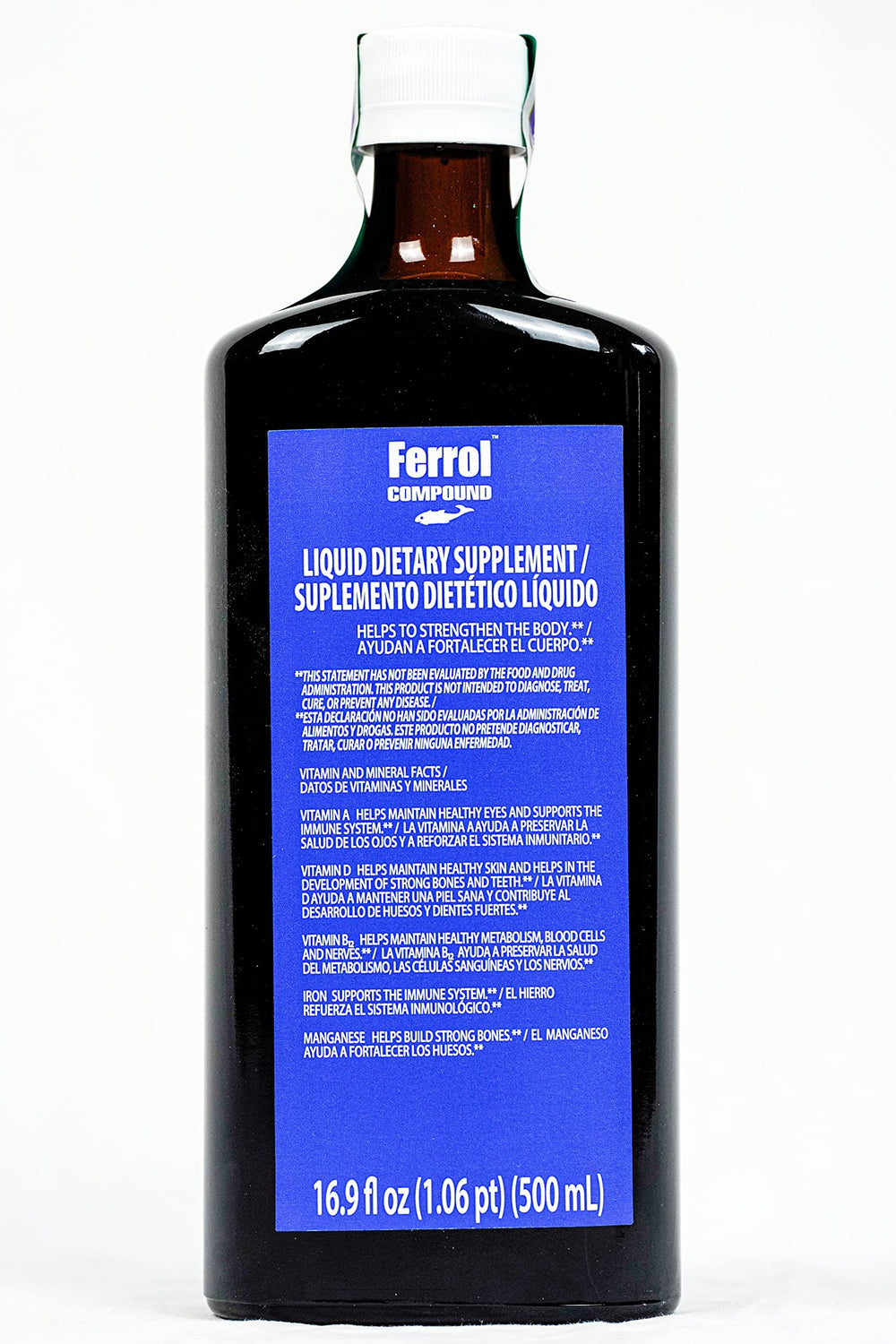 Ferrol Compound label close-up highlighting iron and immune support potential