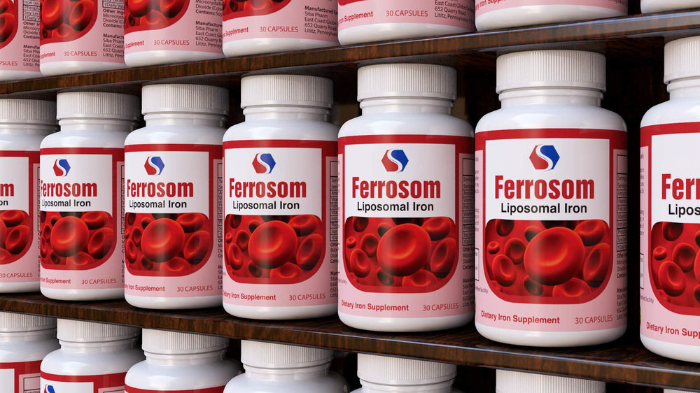 Ferrosom bottle and label show vegan, non-GMO iron supplement for daily wellness.