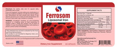 Ferrosom ingredients graphic featuring vitamin C, B12, and folic acid.