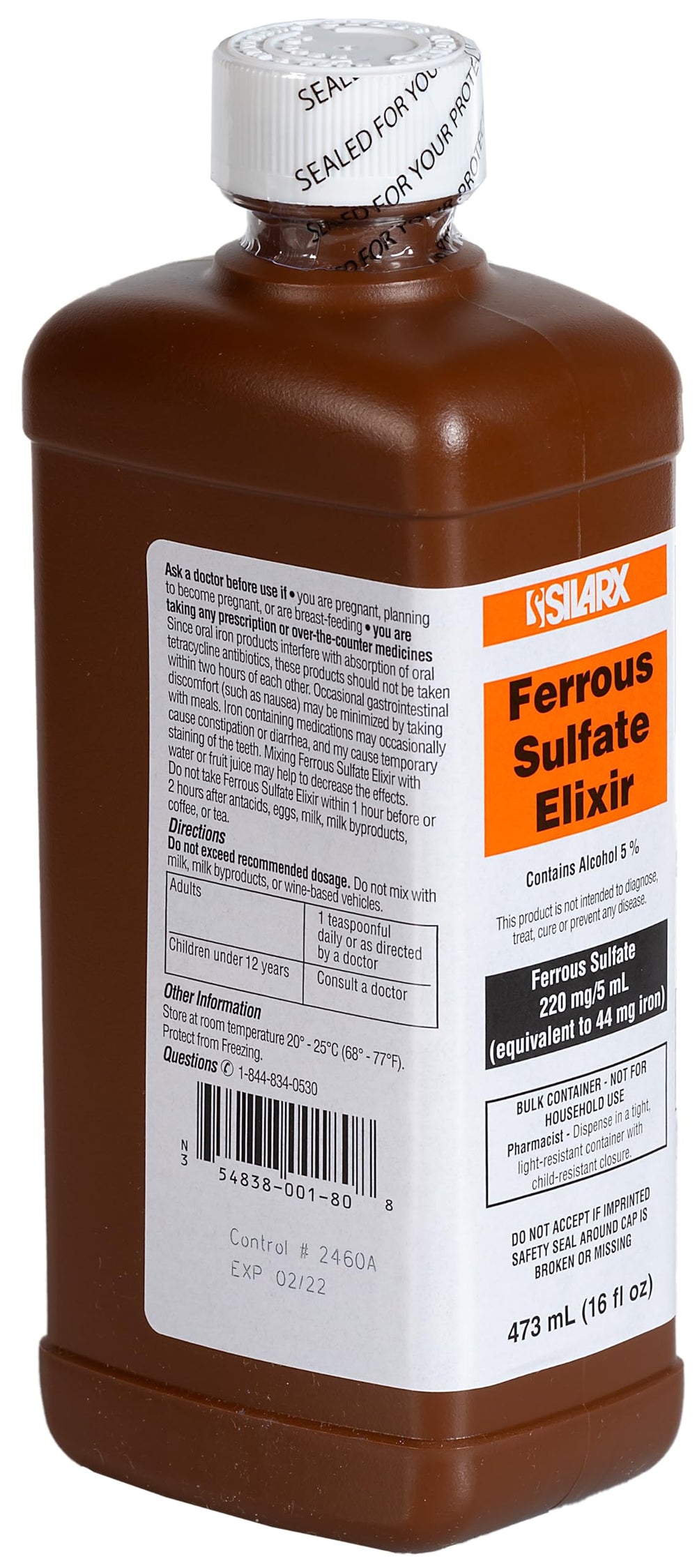 Ferrous Sulfate Elixir bottle cap secure closure for travel.