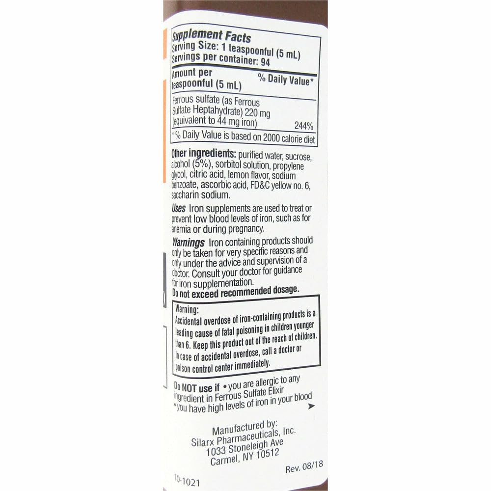 Ferrous Sulfate Elixir bottle label shows dosage information clearly.