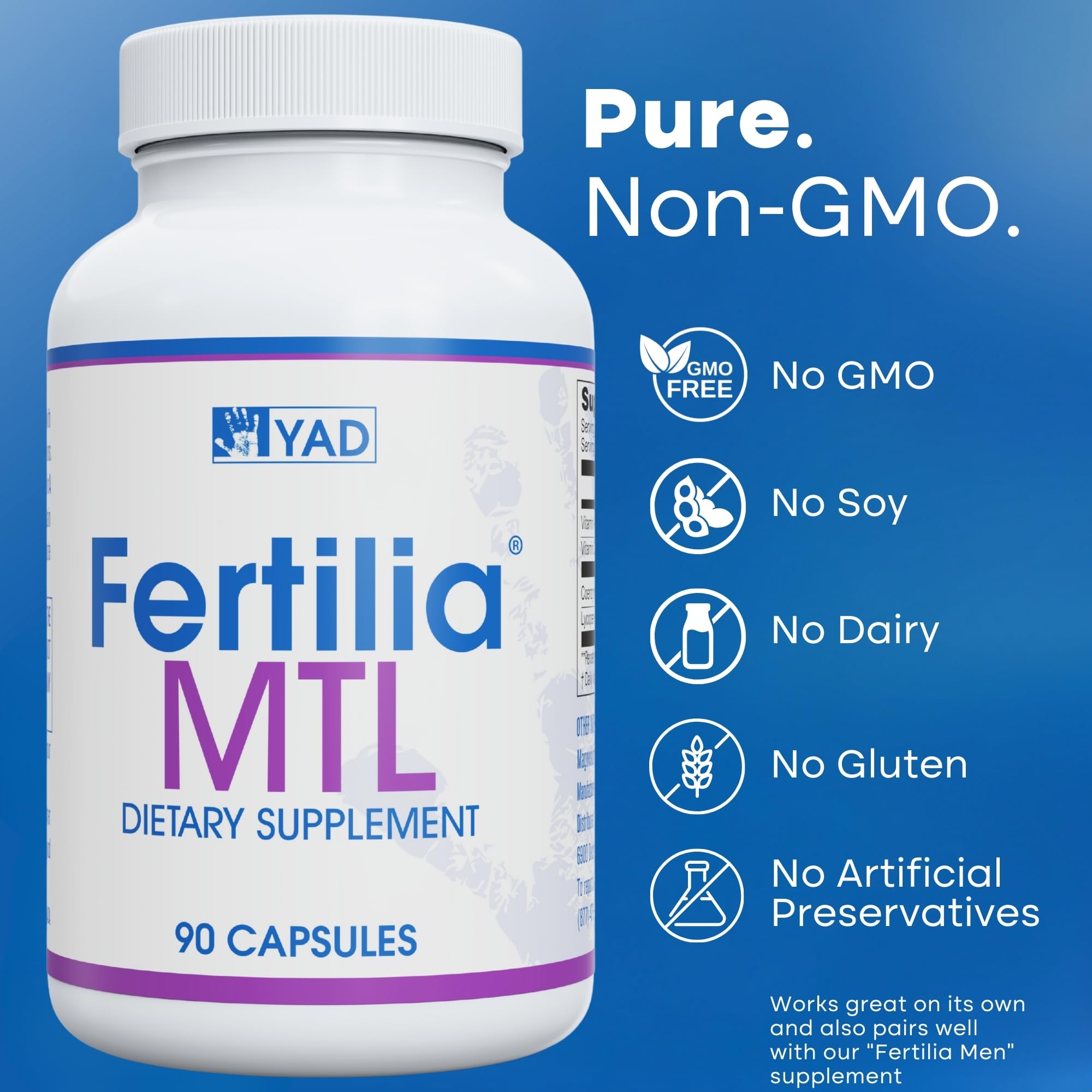 Fertilia MTL dairy-free and gluten-free label on packaging for clean ingredients.