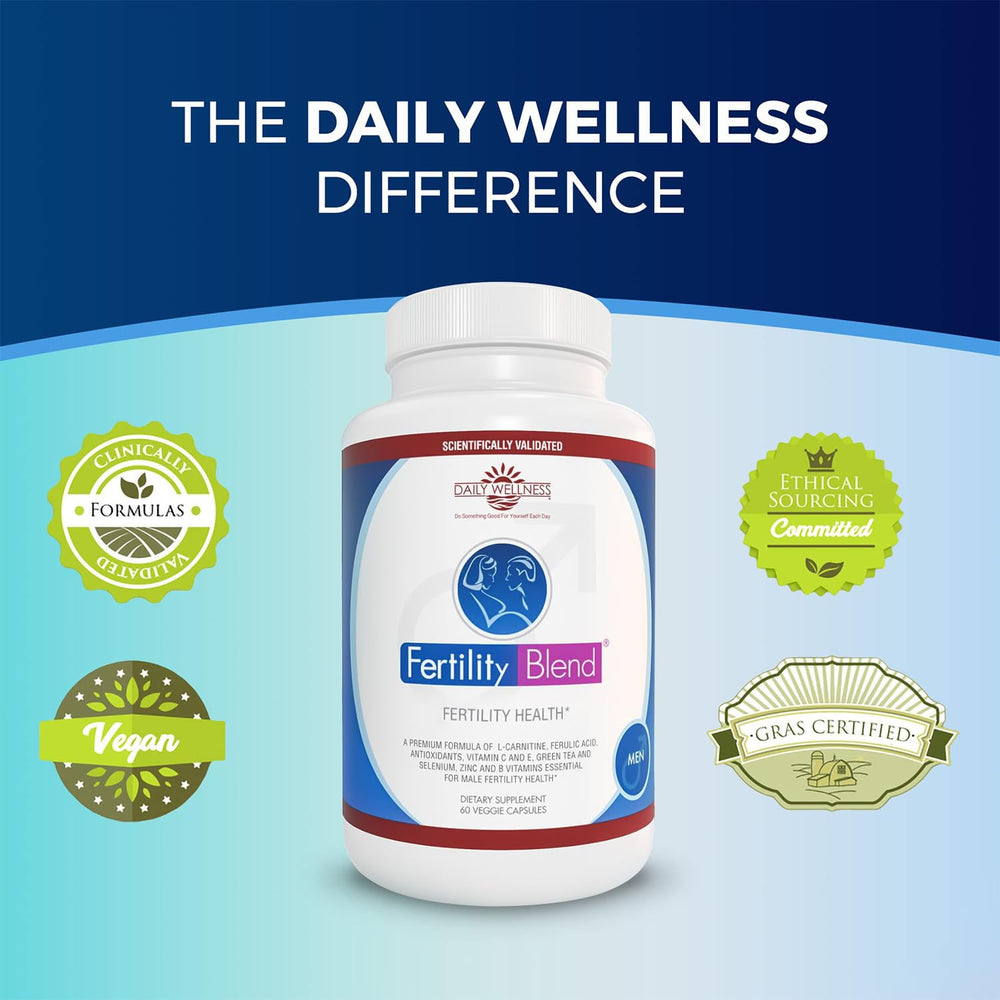 Fertility Blend label detail emphasizing vitamins and minerals for men's wellness.