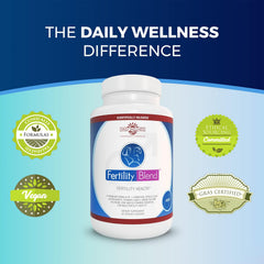 Fertility Blend label detail emphasizing vitamins and minerals for men's wellness.