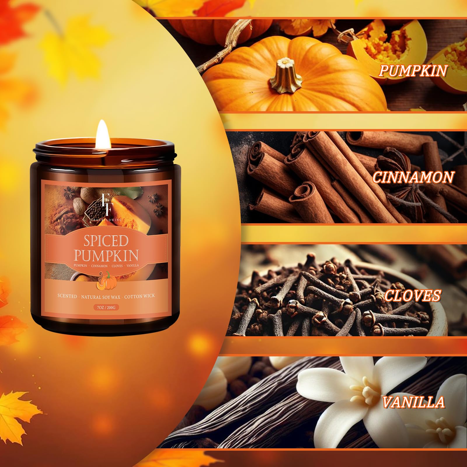 FF FragFlowing fall candle burning to cast warm, inviting scents.