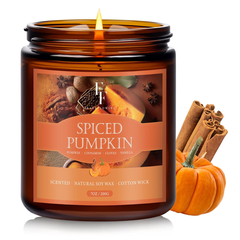 FF FragFlowing fall candle spiced pumpkin jar for cozy autumn ambiance.