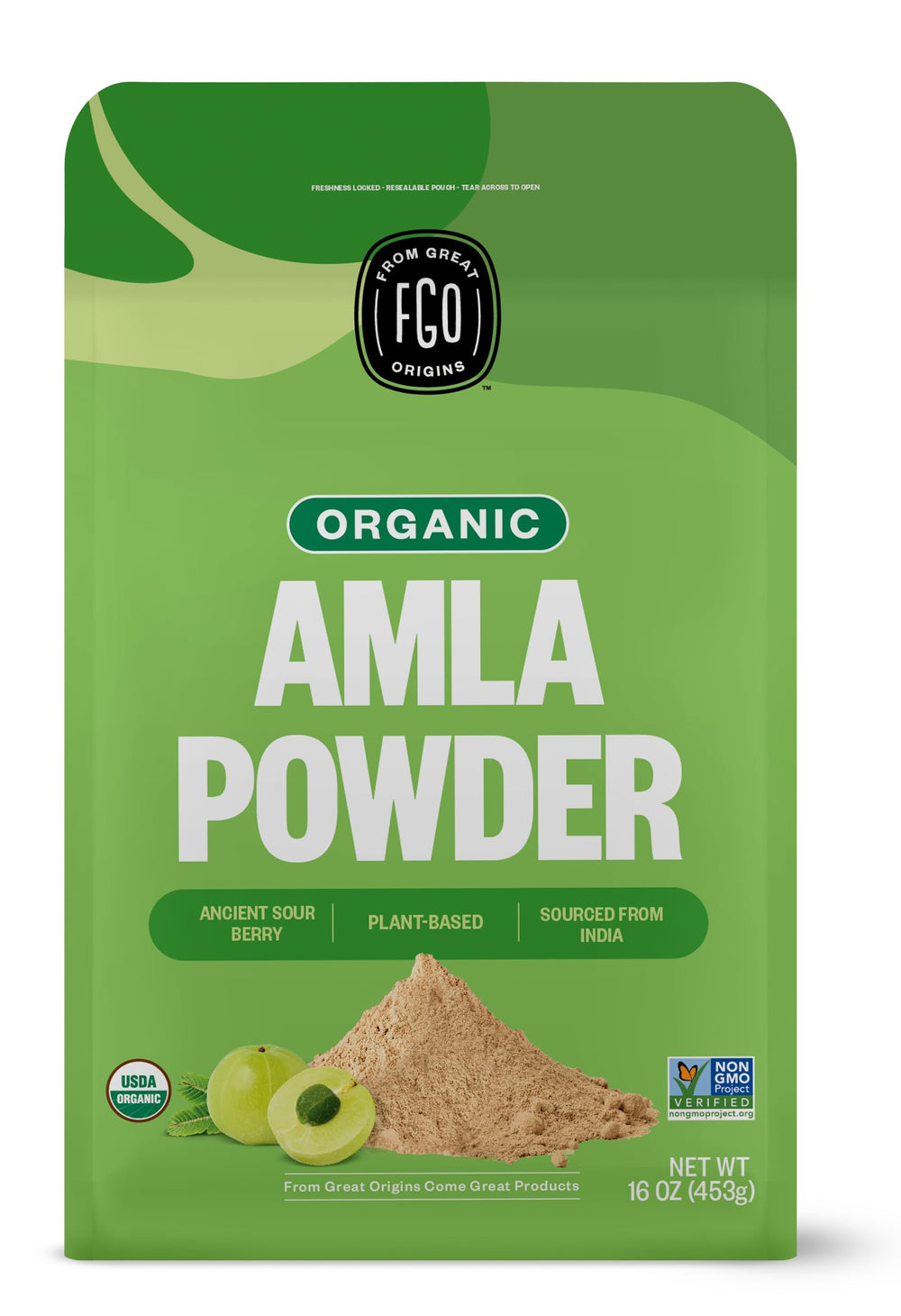 FGO Organic Amla Powder packaging in resealable bag preserves freshness