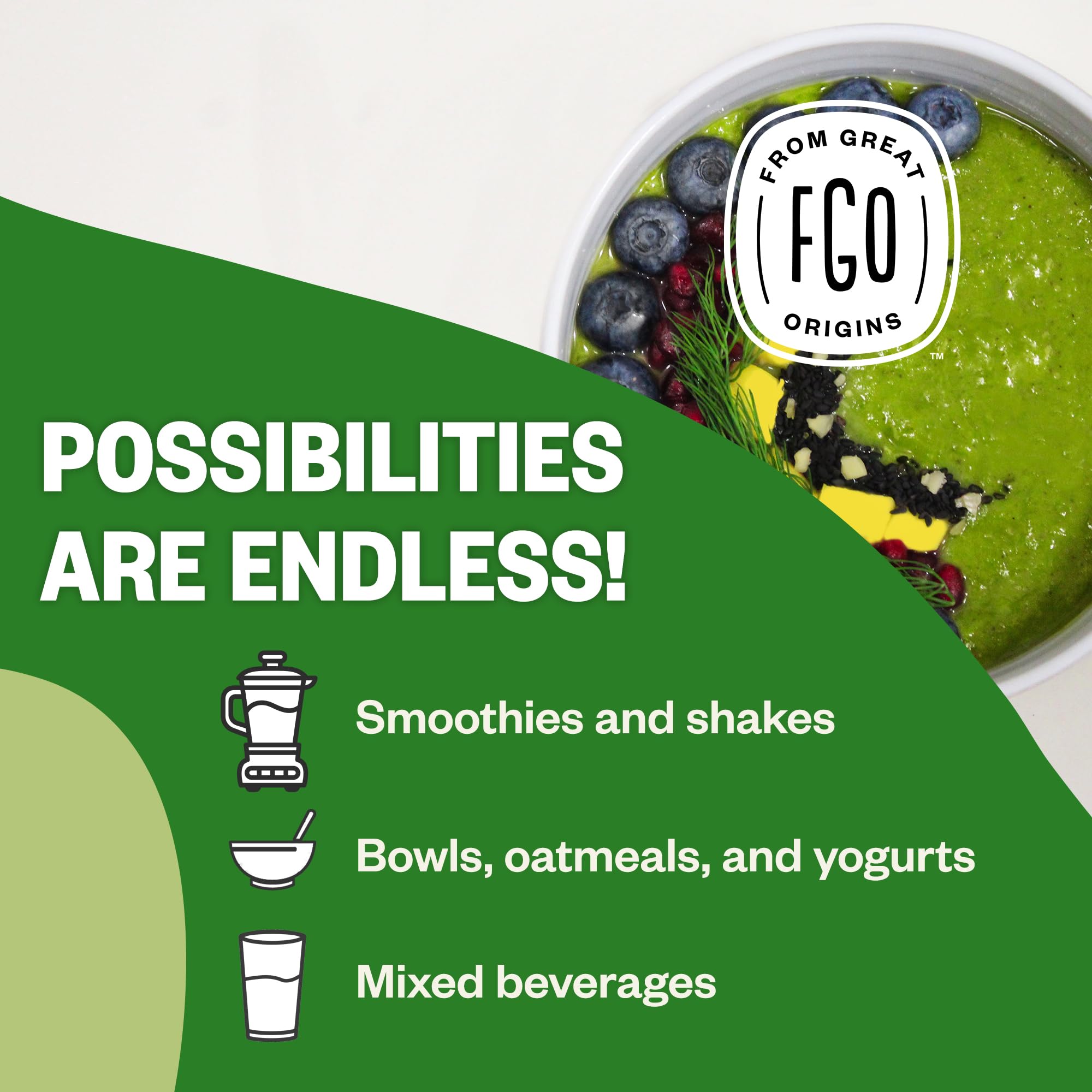 FGO amla powder in bowl with yogurt highlights pairing with dairy for smoothies.