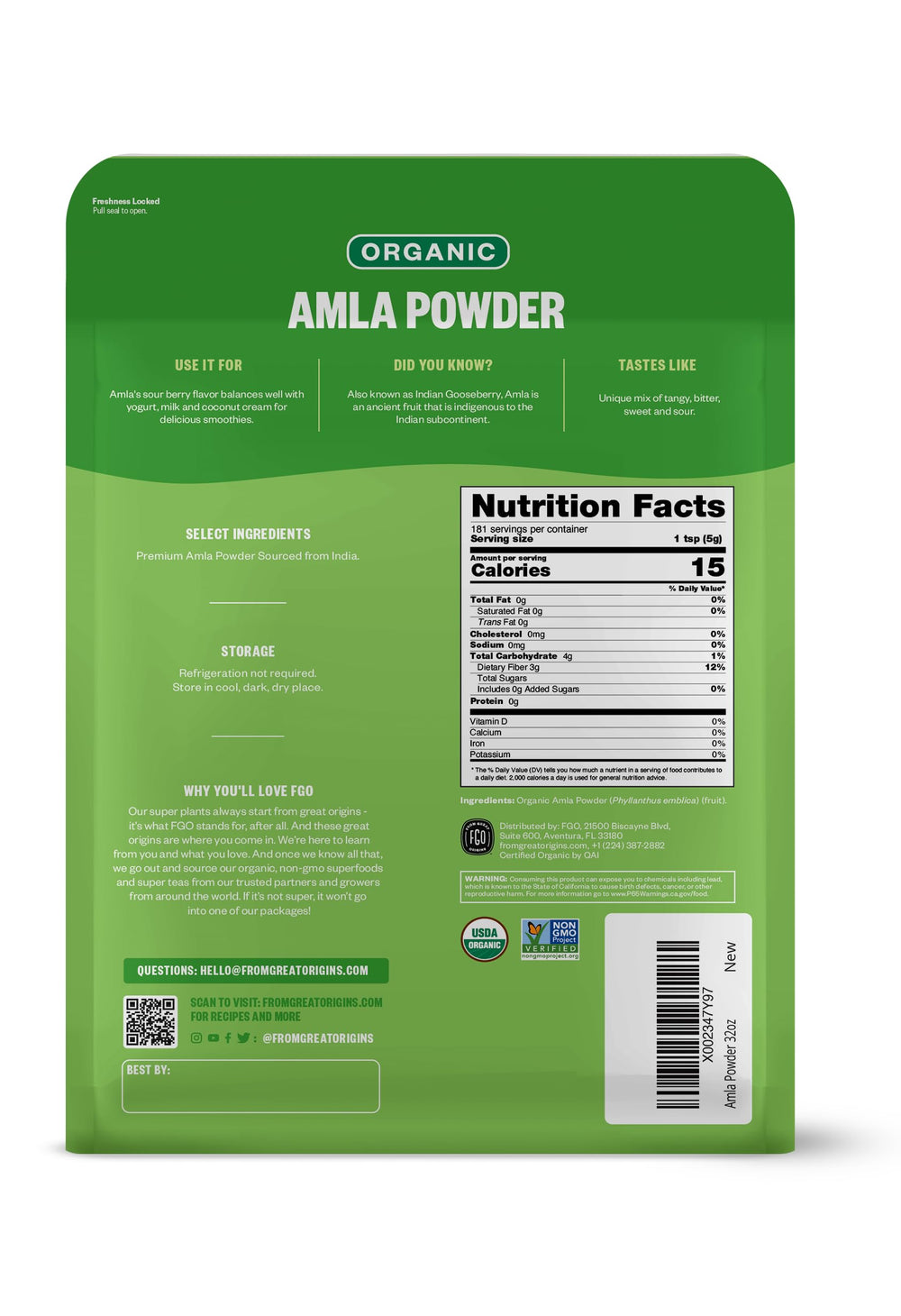 FGO amla powder USDA Organic label highlights non-GMO, certified organic ingredients.