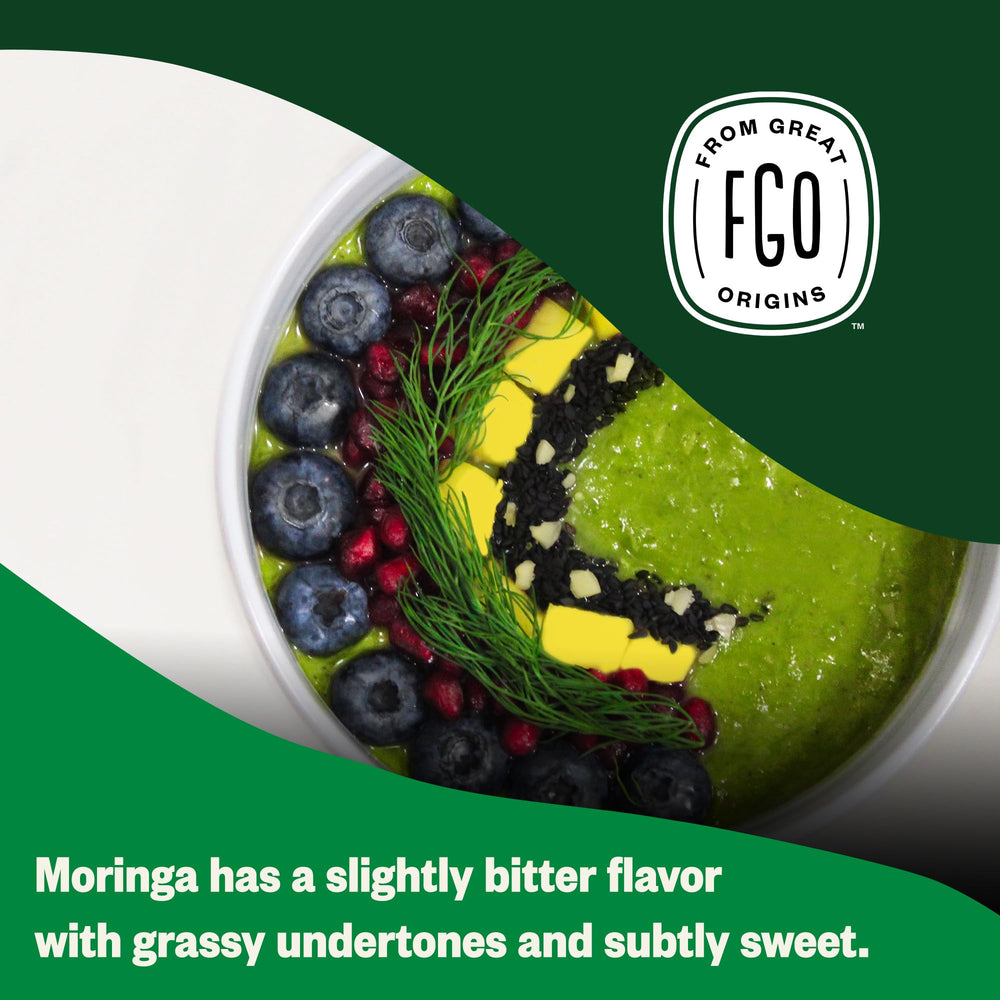 FGO moringa powder stirred into smoothies for a subtle lift