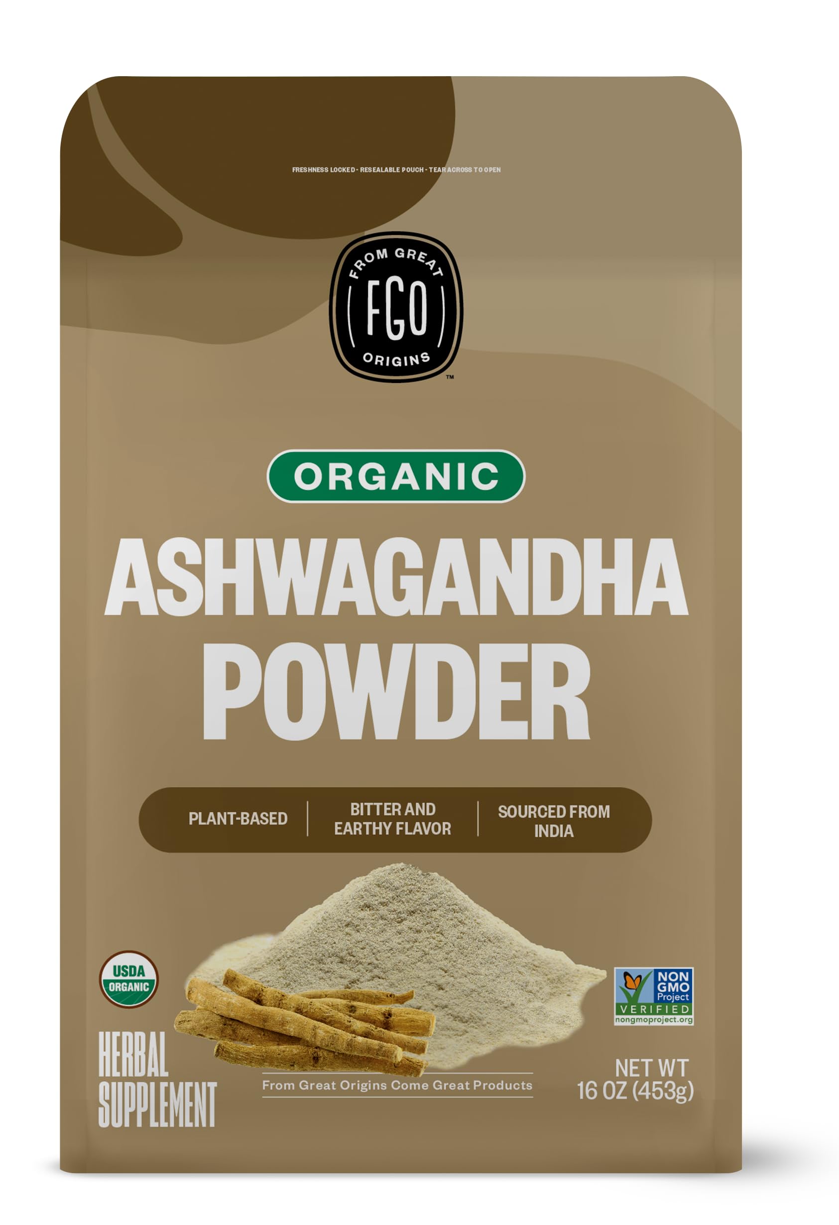 FGO Organic Ashwagandha root powder in a 16oz bulk bag, fresh and ready to use