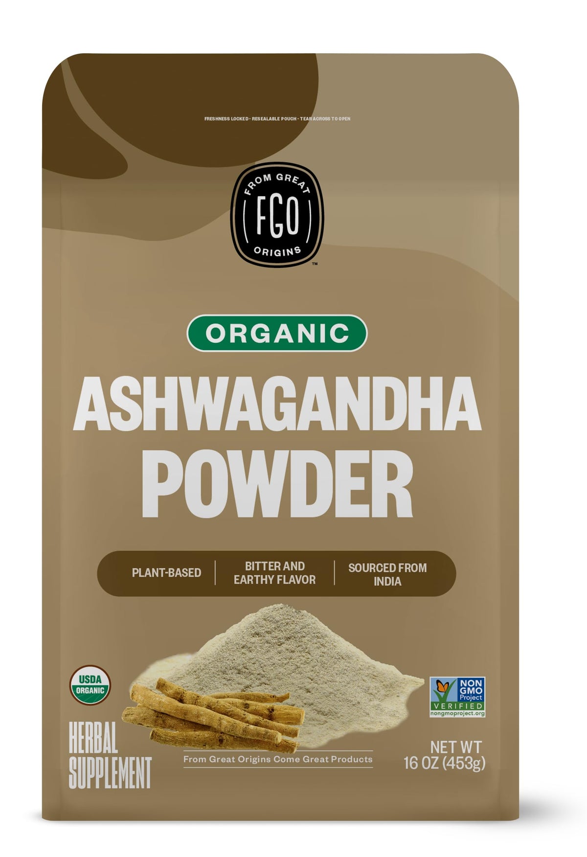 FGO Organic Ashwagandha root powder in a 16oz bulk bag, fresh and ready to use