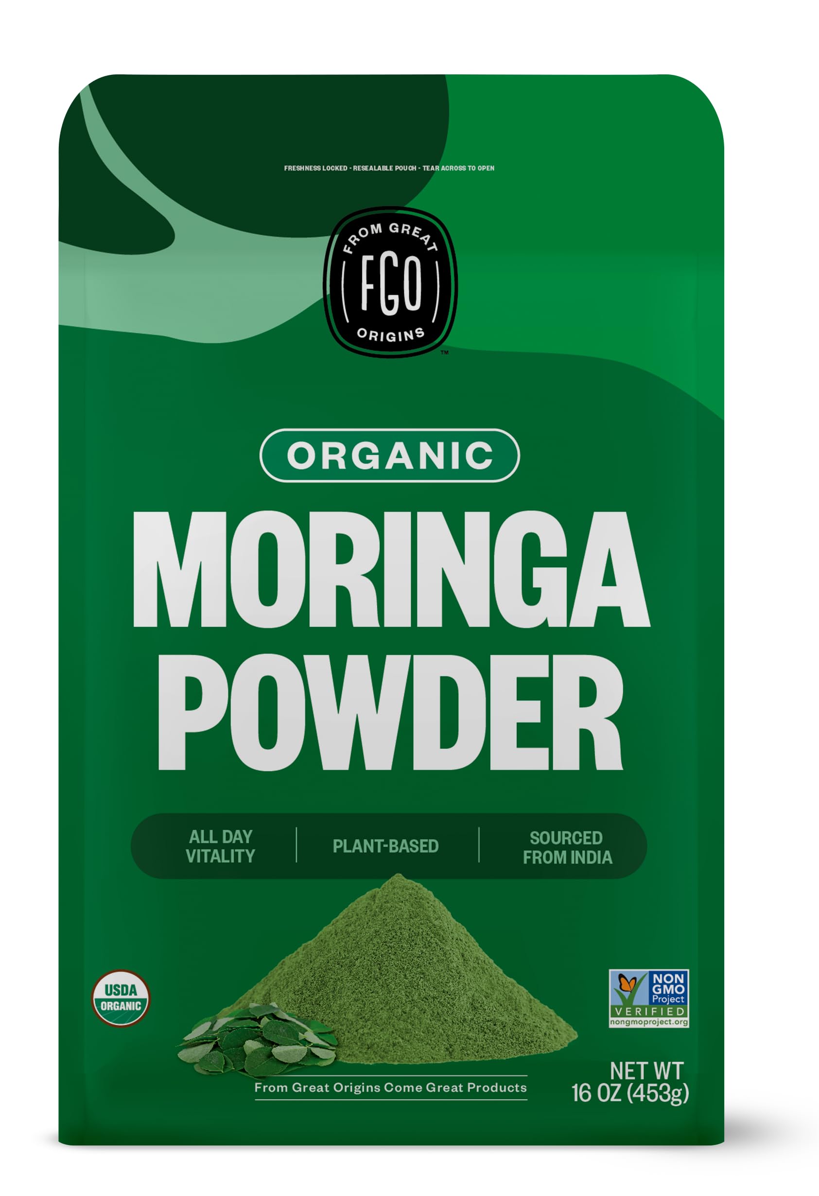 FGO Organic Moringa Leaf Powder bulk bag ready for smoothie prep