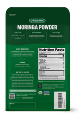 India-origin moringa powder label shows organic quality and non-GMO status