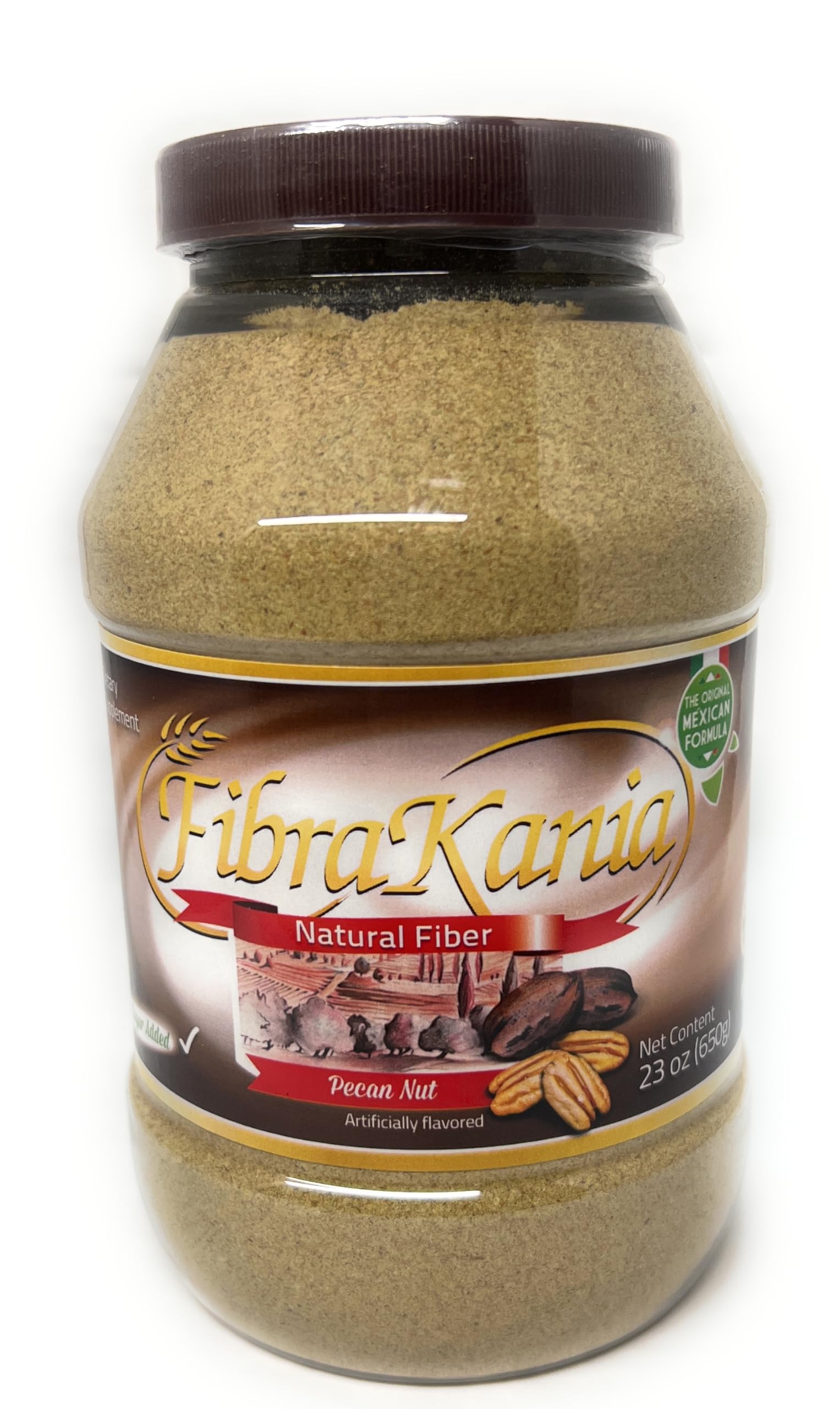 Fibra Kania pecan powder bottle for daily fiber support and digestion.