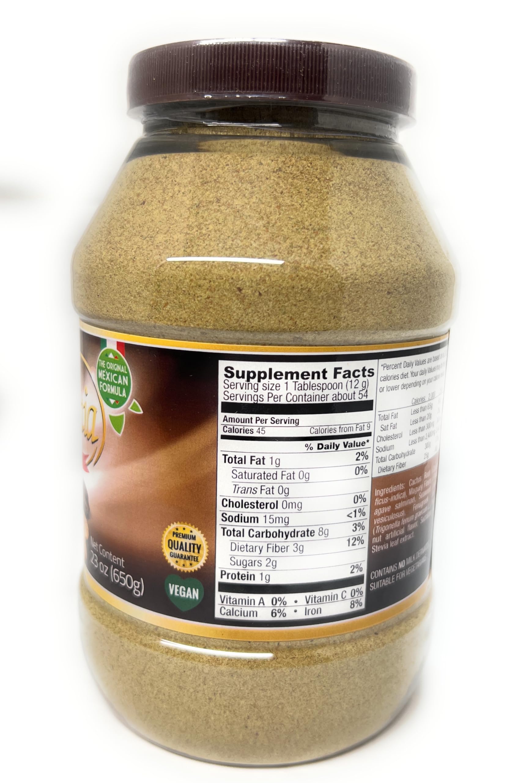 Fibra Kania pecan powder on kitchen counter as a meal supplement.