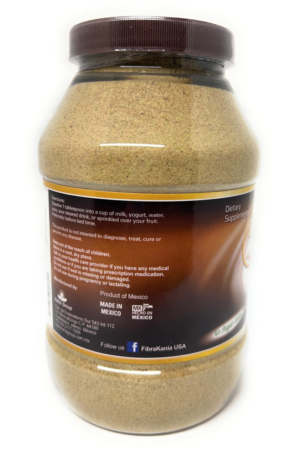 Fibra Kania pecan powder with scoop showing convenient serving size.