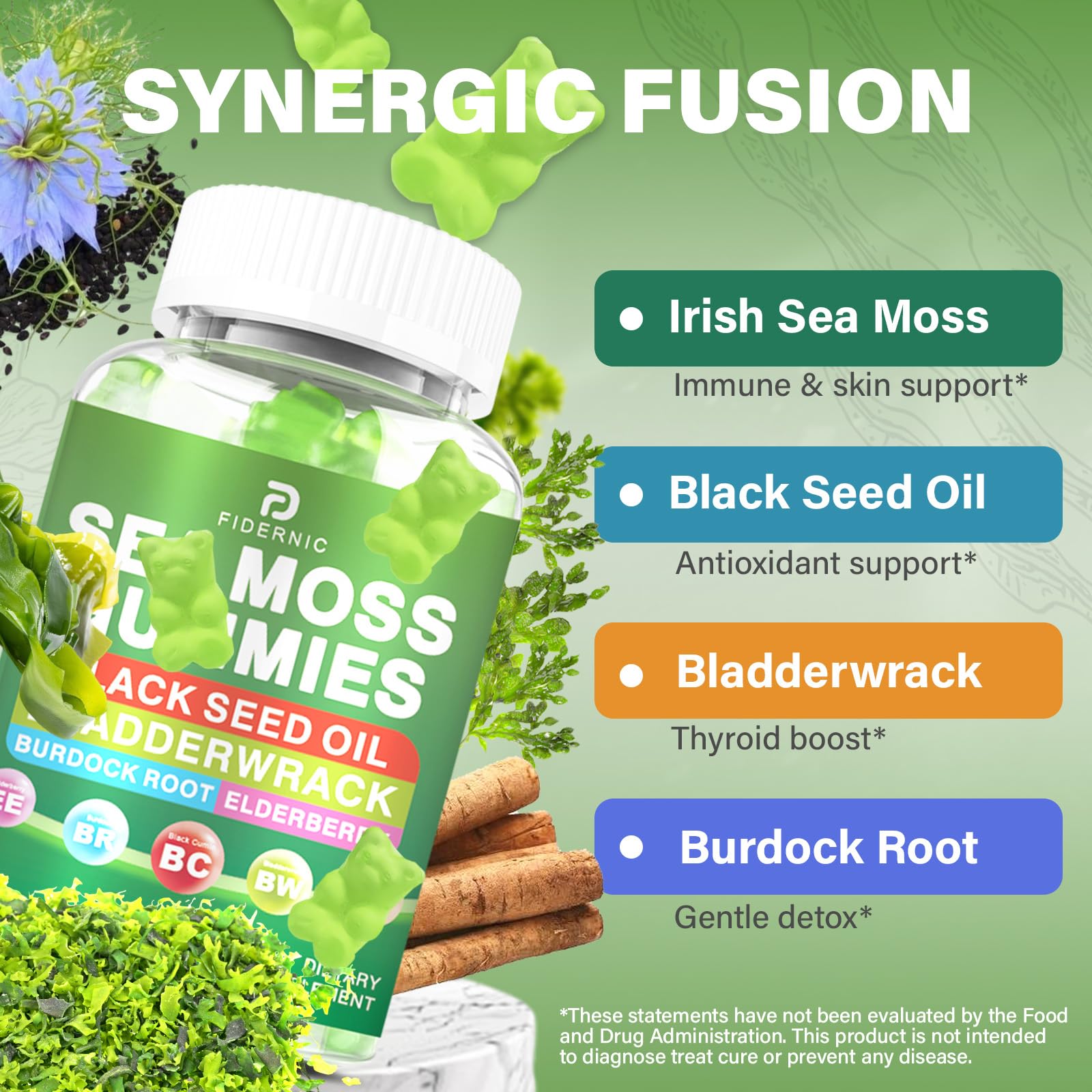 FIDERNIC Sea Moss Gummies ingredients featuring Irish sea moss and bladderwrack.