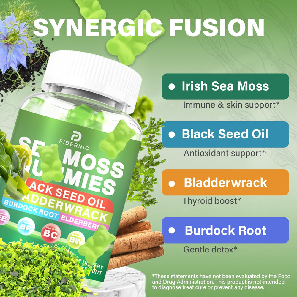 FIDERNIC Sea Moss Gummies ingredients featuring Irish sea moss and bladderwrack.