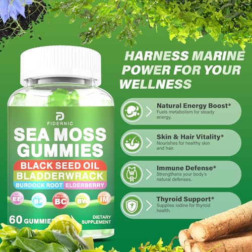 FIDERNIC Sea Moss Gummies packaging shown with vegan ingredients.