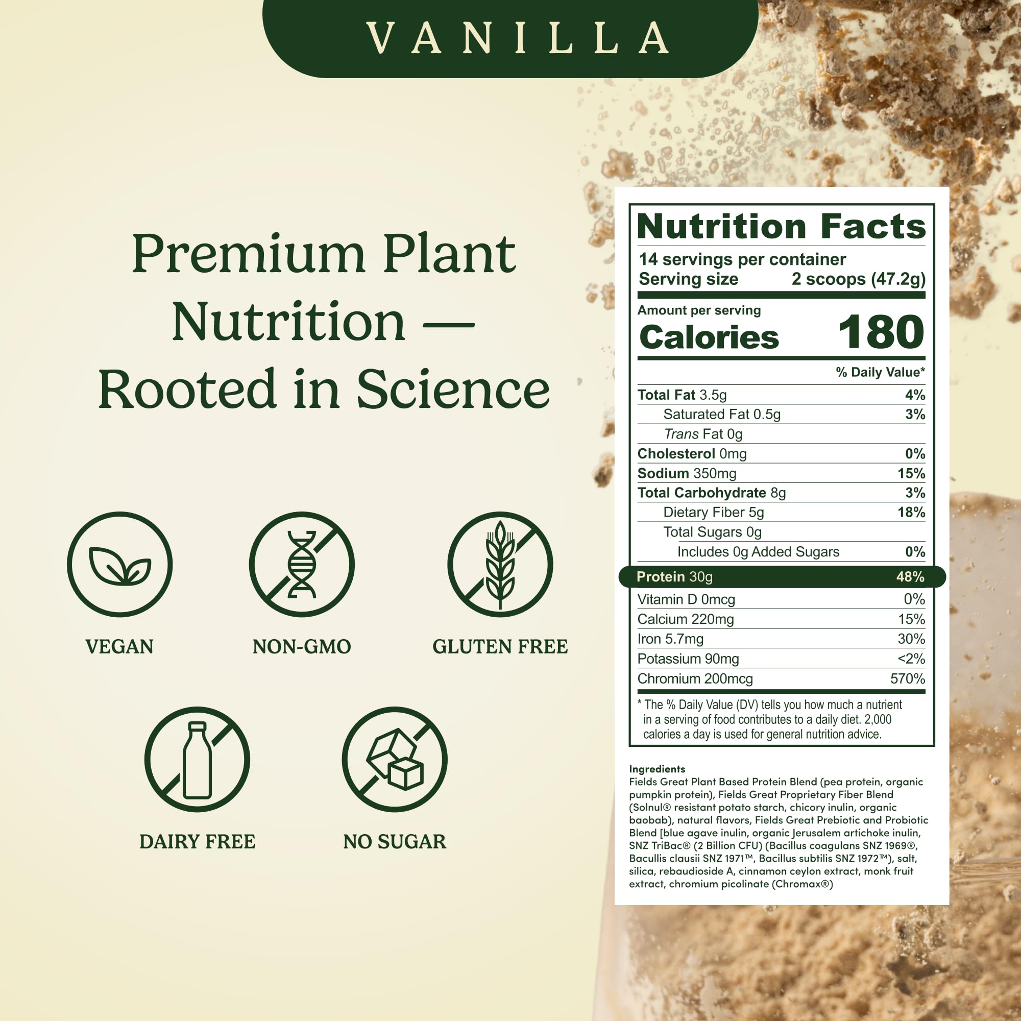 Field's Great vanilla pea protein label with clear ingredients.