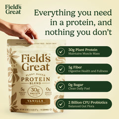Field's Great vanilla protein powder bag open for quick shakes.