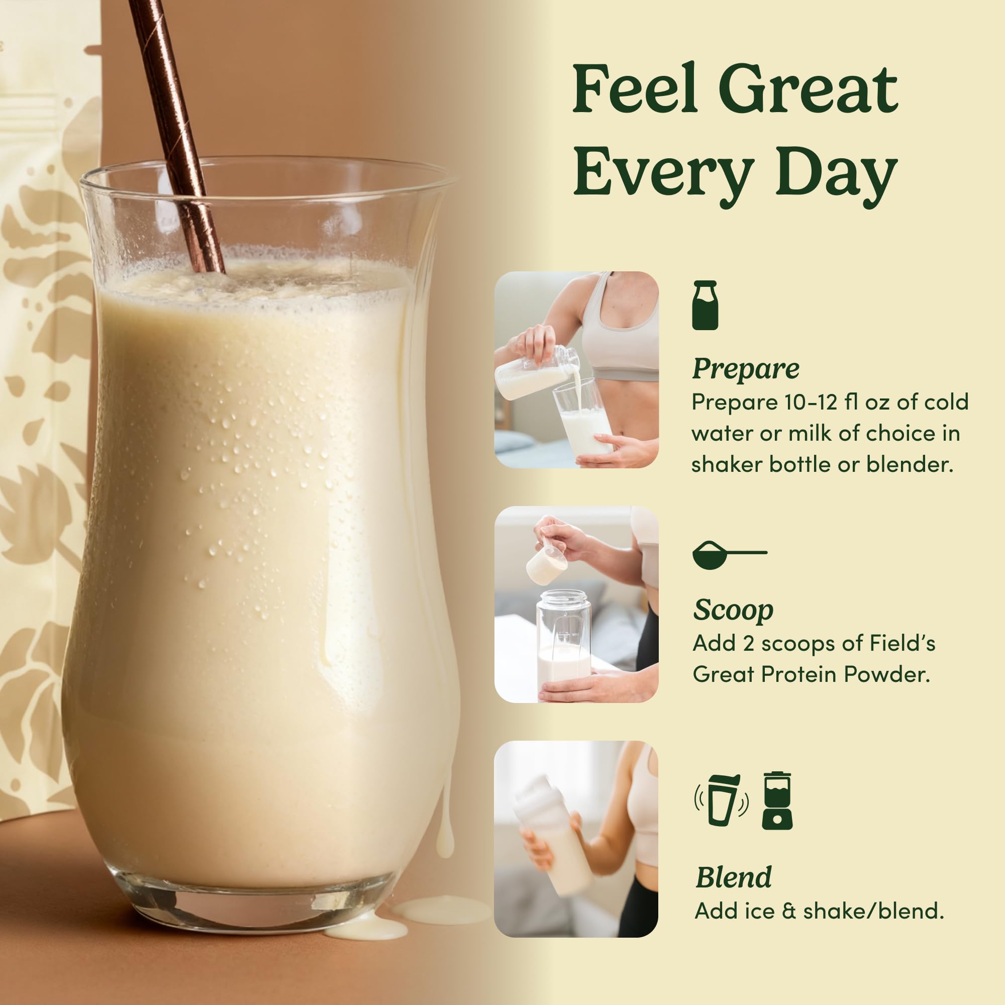 Field's Great vanilla pea protein on gluten-free pantry shelf.