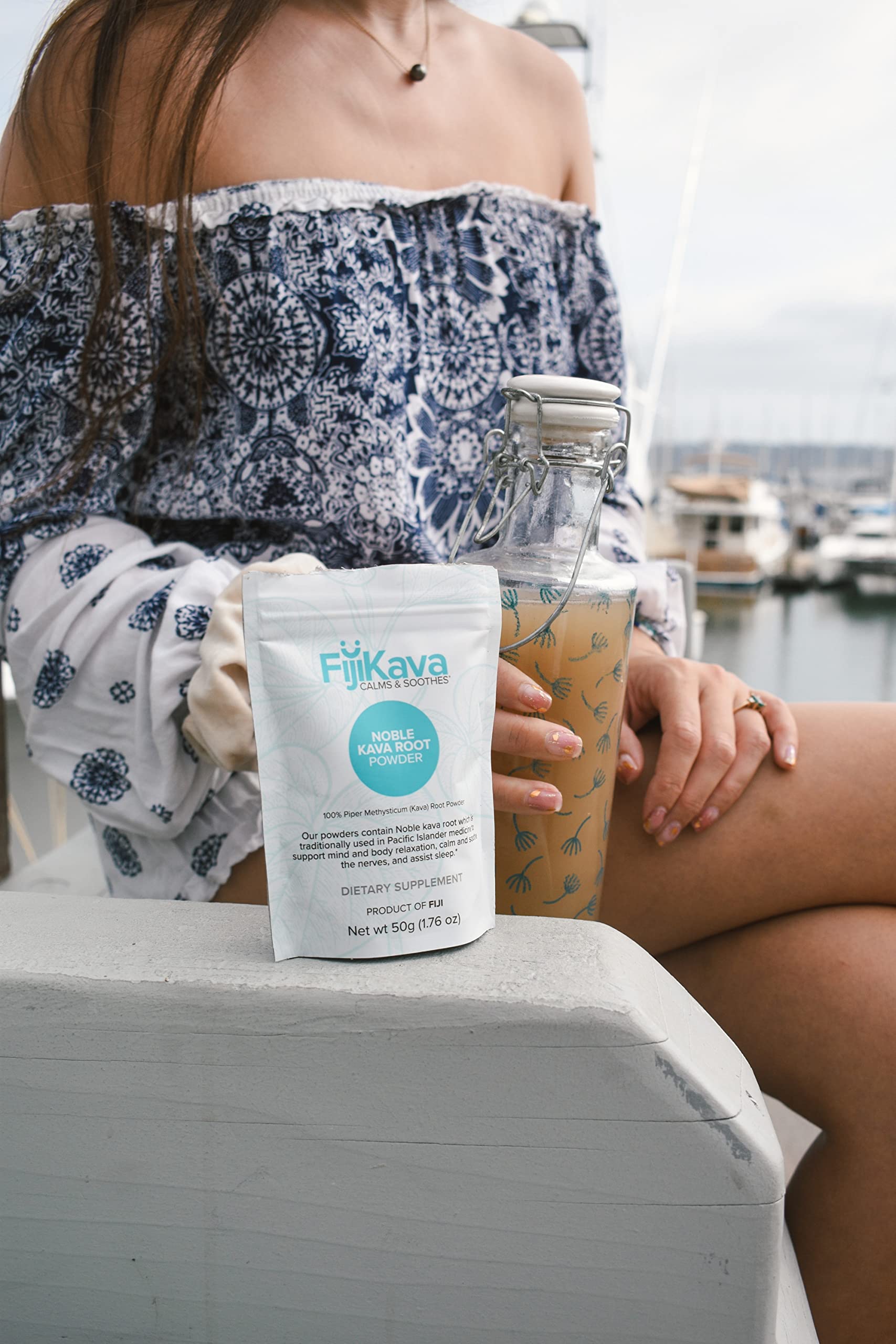 FijiKava easy-mix powder dissolving in water for a quick drink.