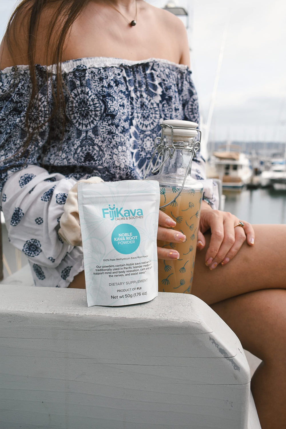 FijiKava easy-mix powder dissolving in water for a quick drink.
