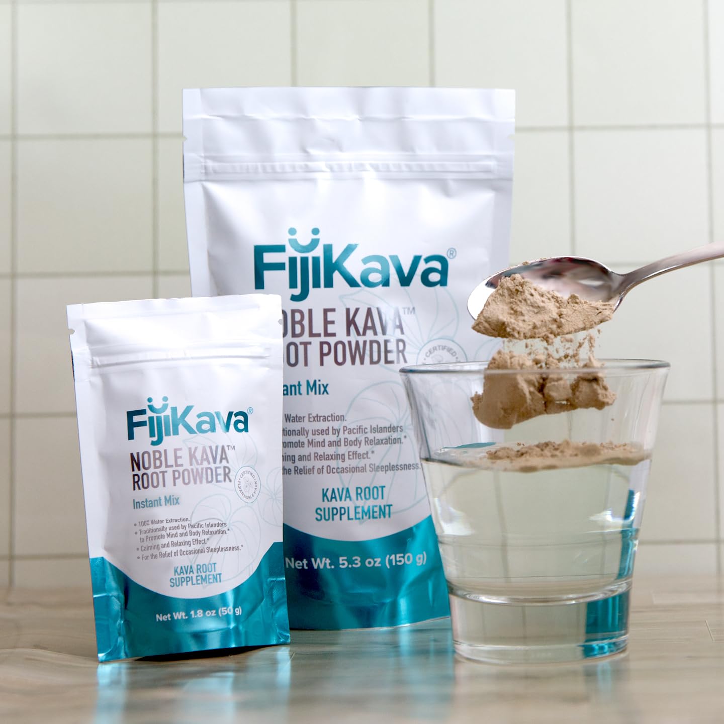 FijiKava relaxation-ready drink on table, ideal for wind-down.