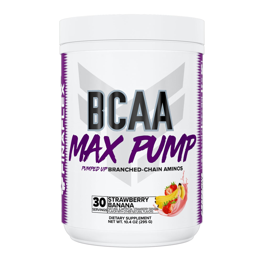 FINAFLEX BCAA MAX Pump tub front view showing Strawberry Banana formula for workouts