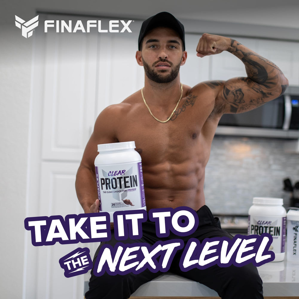 FINAFLEX Clear Protein Double Chocolate baking image suggests recipe-friendly protein enhancement.