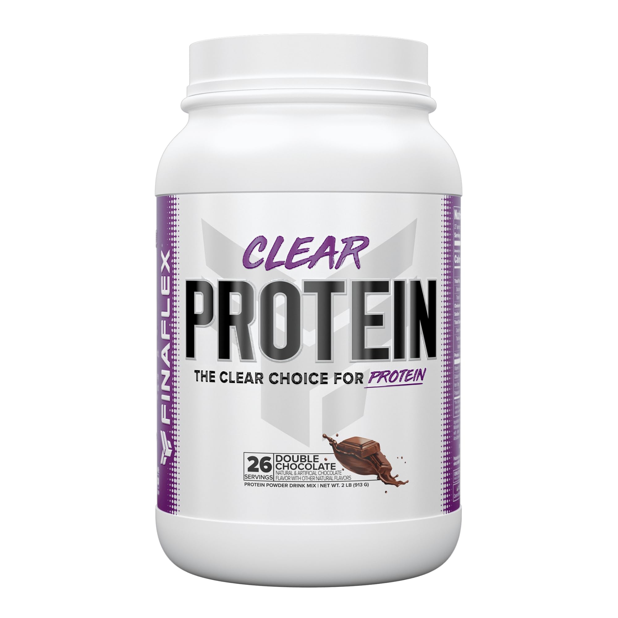 FINAFLEX Clear Protein Double Chocolate powder in scoop highlights a high-protein, low-carb option.