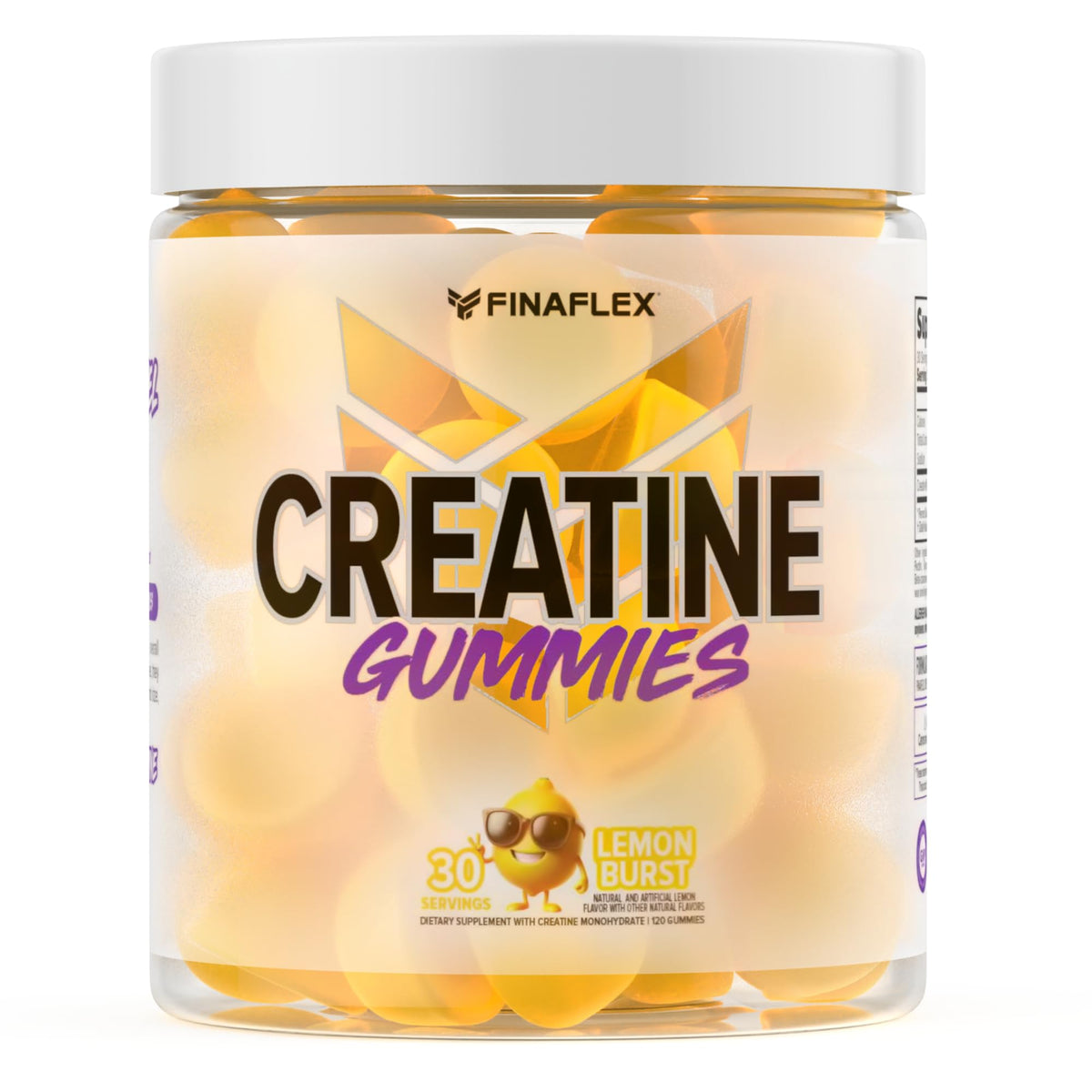 FINAFLEX Creatine Gummies lemon burst bottle supports steady workouts and endurance.
