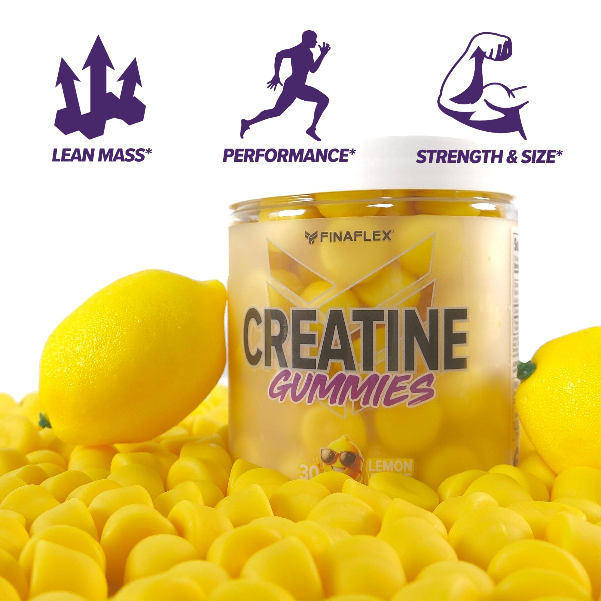 FINAFLEX Creatine Gummies lemon burst serving shows convenient daily supplement for training.