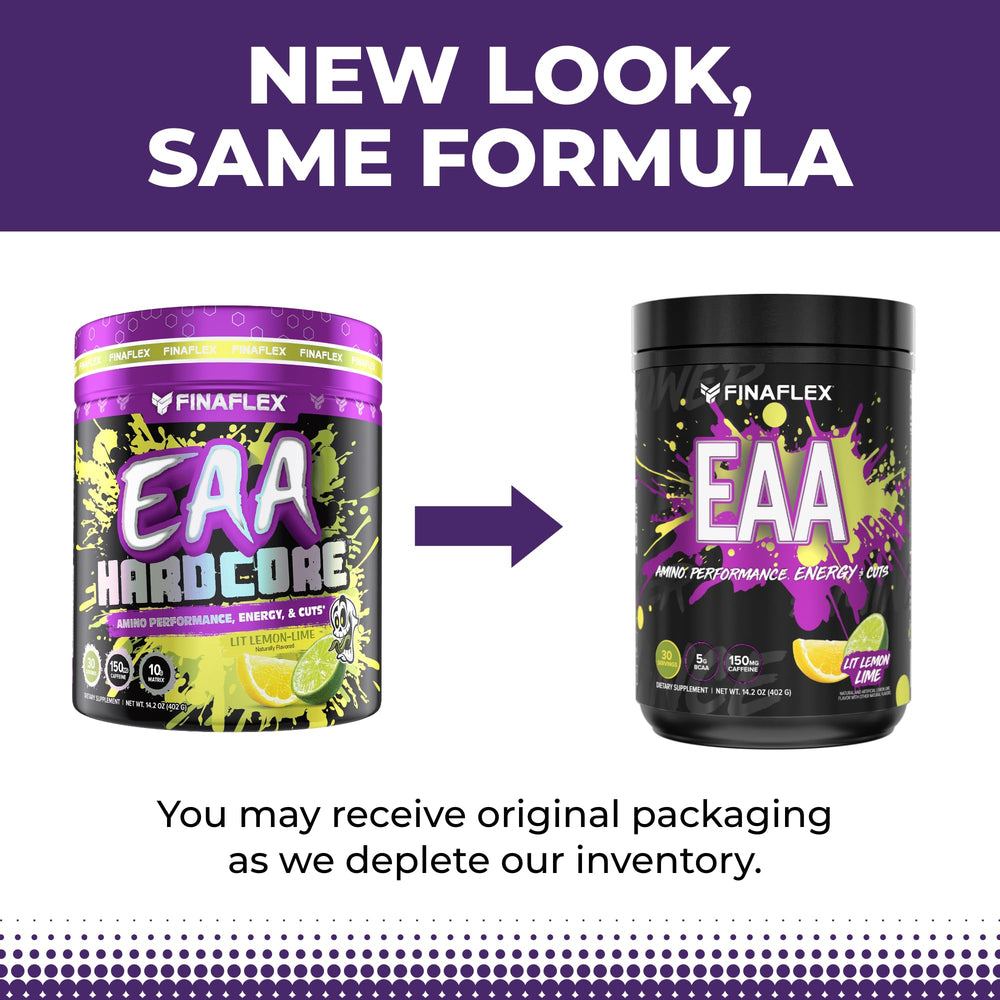 FINAFLEX EAA Hardcore Lit Lemon-Lime label explains BCAAs and caffeine benefits for workouts