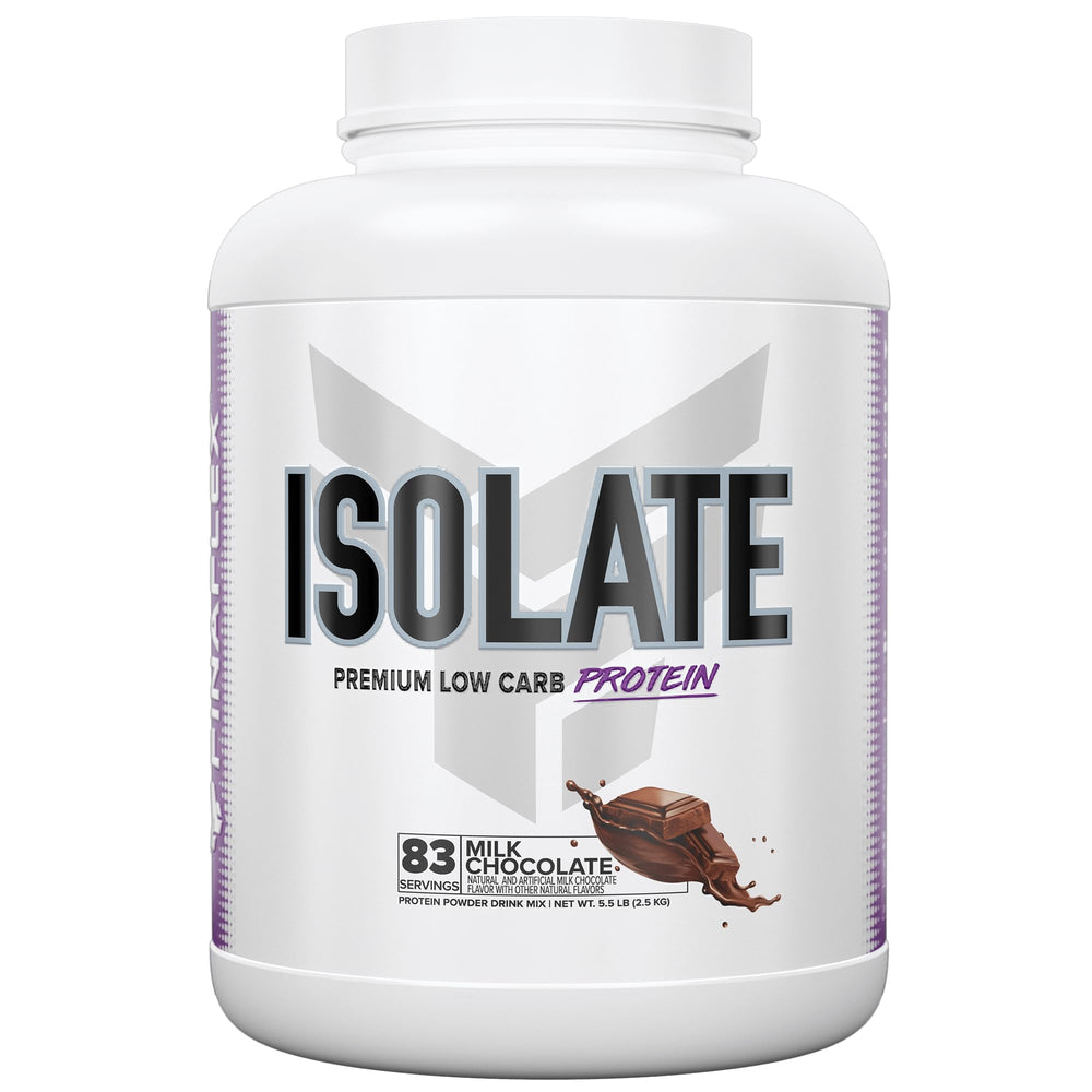 FINAFLEX Isolate Milk Chocolate tub close-up highlighting protein powder